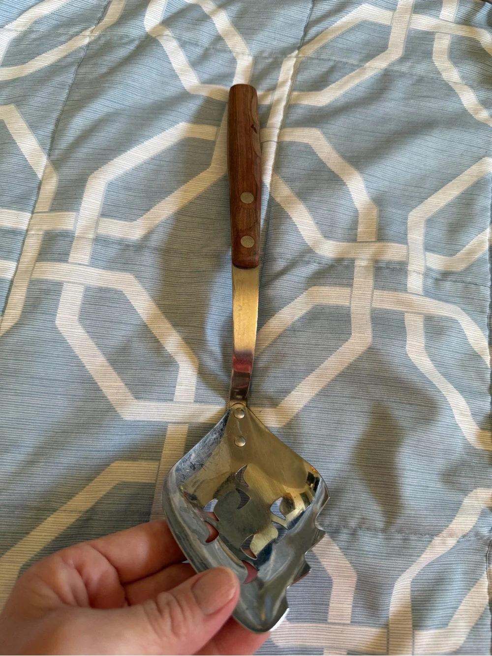 Vintage Zylco Slotted Serving Spoon Wood Handle MCM Stainless Steel USA